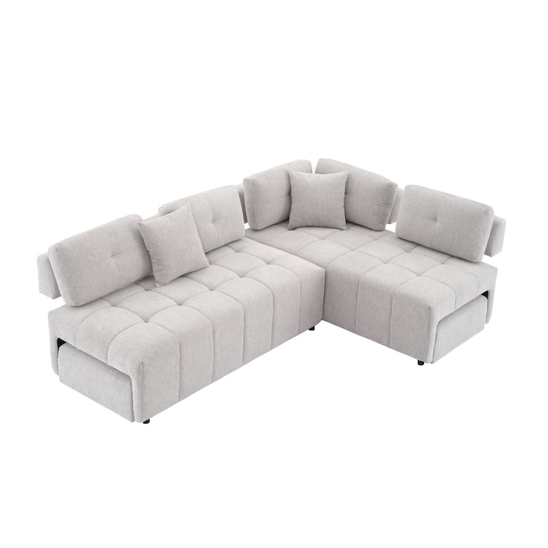 Grey 91.73" L-Shaped 4-Seat Sectional Sofa with 2 Hidden Stools, 2 Removable Lumbar Cushions, and Durable Chenille Upholstery