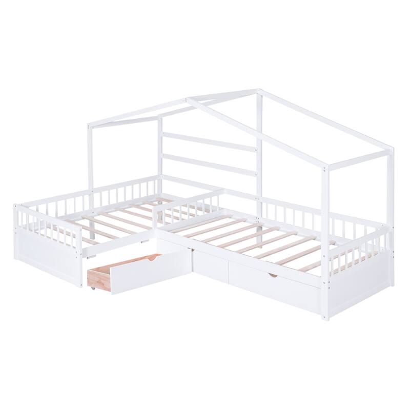 Roomfitters Twin House Platform Bed with Roof-Inspired Frame and Three Underbed Compartments