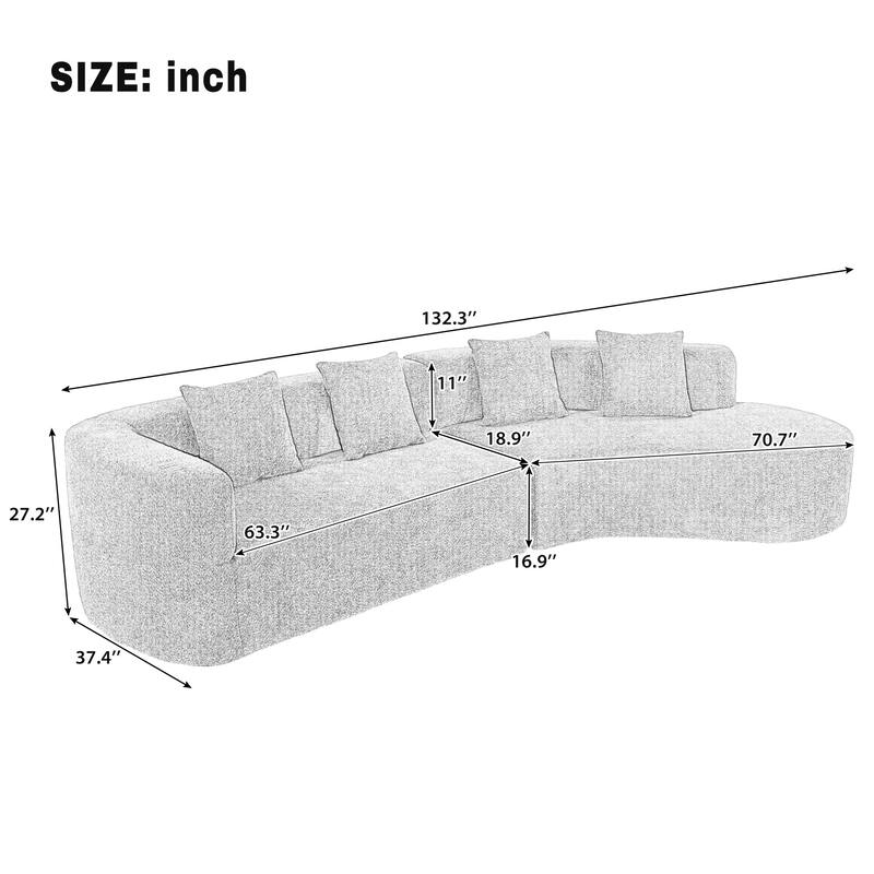 Roomfitters 132" Sectional Sofa, Modern Curved Design L-Shaped Modular Couch for Living Room Furniture