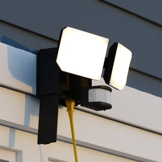VAXCEL 2-Head Black Motion Sensor Dusk to Dawn Outdoor Security Flood Light with GFCI Outlet , Adjustable LED Heads