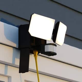 VAXCEL 2-Head Black Motion Sensor Dusk to Dawn Outdoor Security Flood Light with GFCI Outlet , Adjustable LED Heads