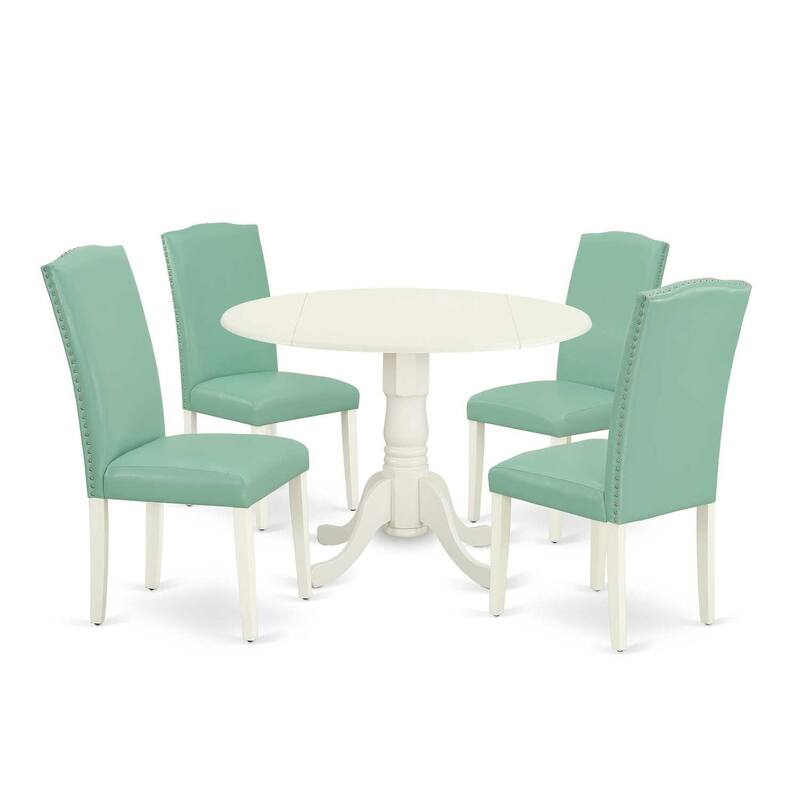 Round Kitchen Table Set 5pc 42" Table w/ Drop Leaves & 4 Chairs - Linen White Legs, Pond PU Leather