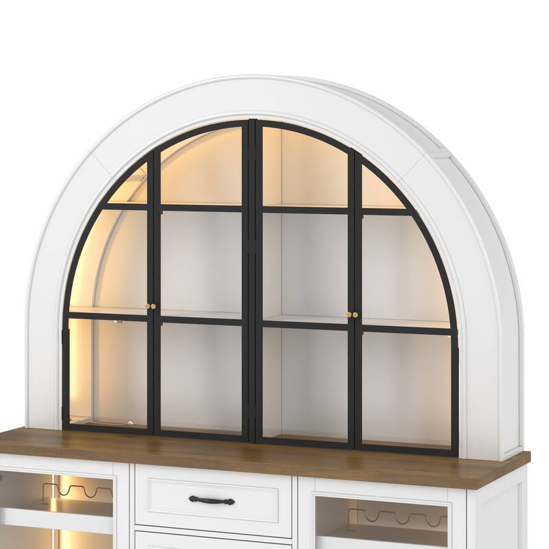 63" Arched Bar Cabinet with LED Lights Wine Bar Cabinet with Glass Doors, Liquor Storage Cabinet with Wine Rack