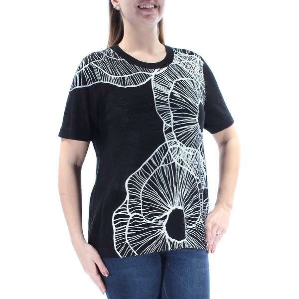 ANNE KLEIN Womens Black Printed Short Sleeve Jewel Neck Top Size: L