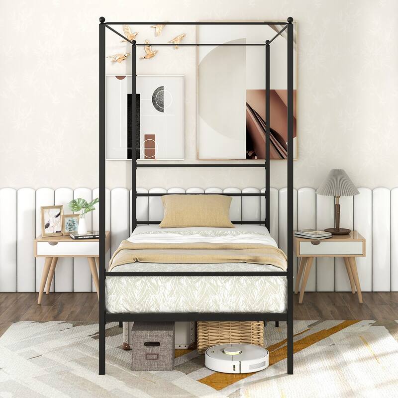 Gymax Twin/Full/Queen Metal Canopy Platform Bed Frame Mattress