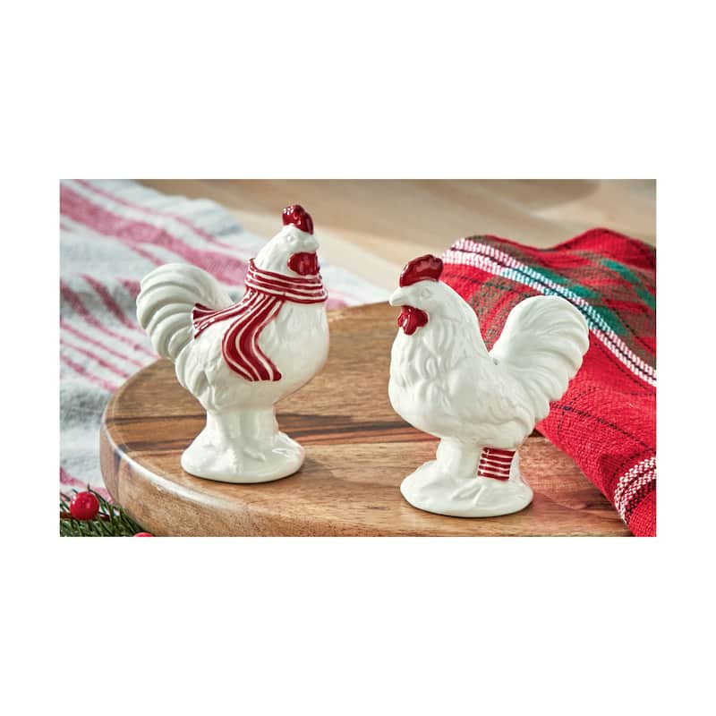 "Farmhouse Christmas Collection" Leghorn & Lillie Holiday Chicken Shaped Earthenware White and Red Salt & Pepper Shaker Set Of 2