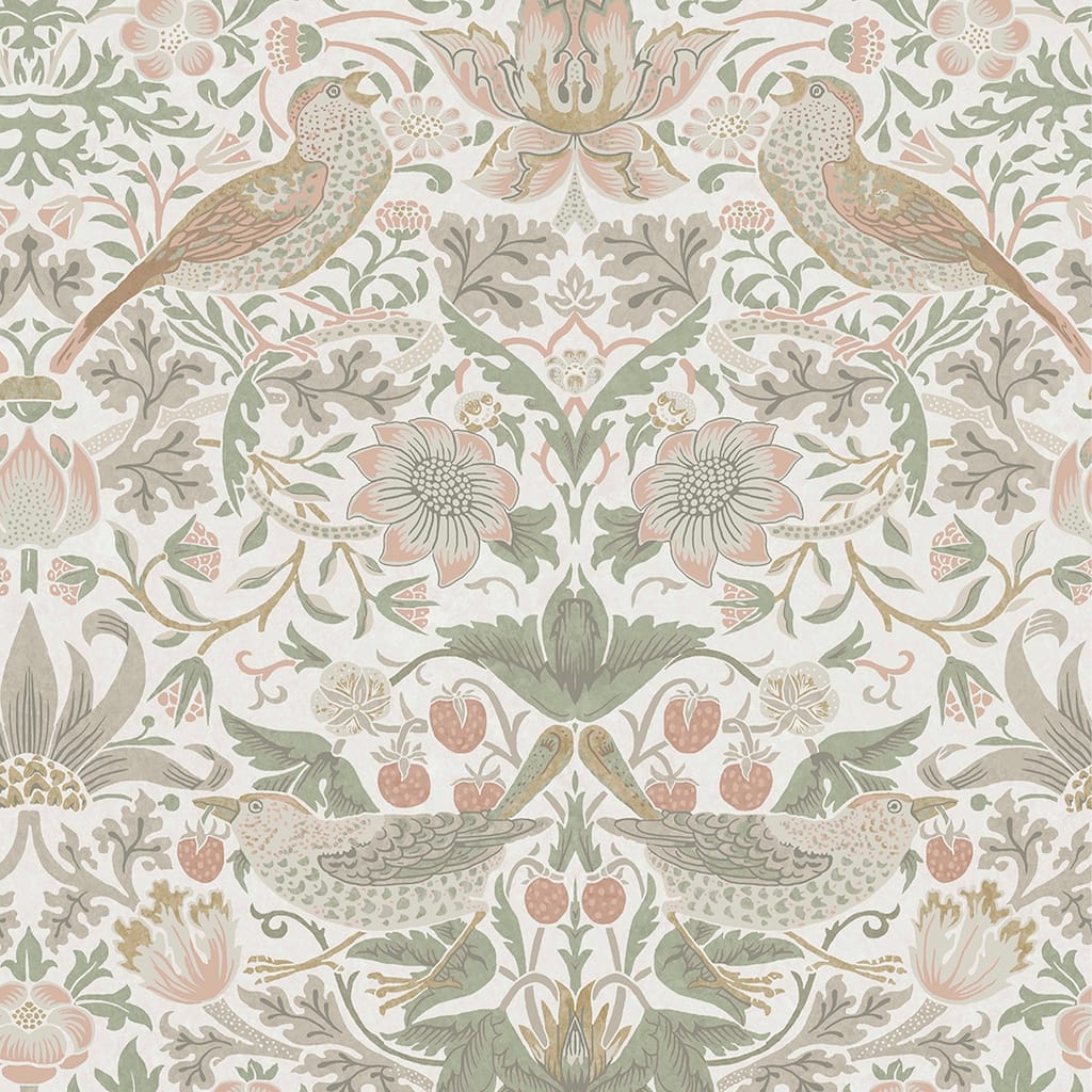 William Morris Strawberry Thief Sage & Pink Wallpaper