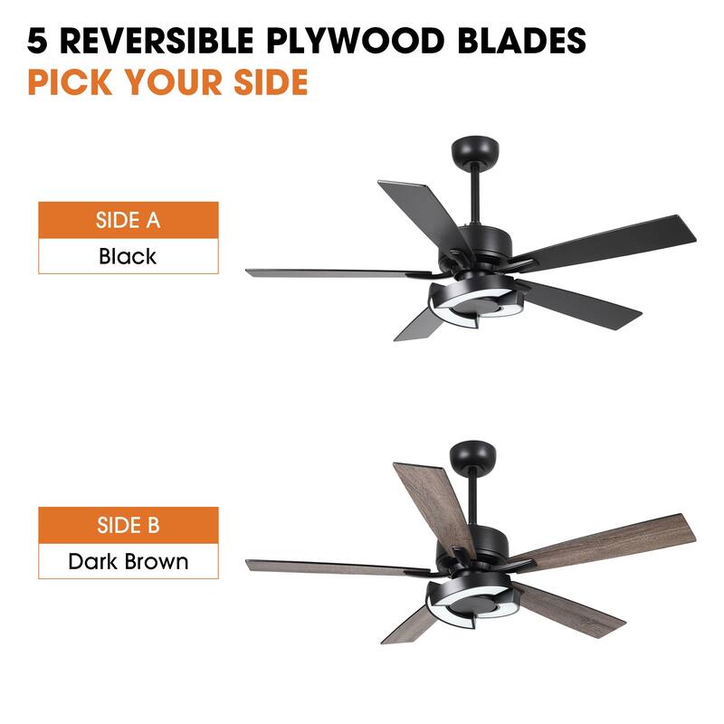 52" Black Wooden 5-Blade Dimmable Modern Ceiling Fan with Light and Remote