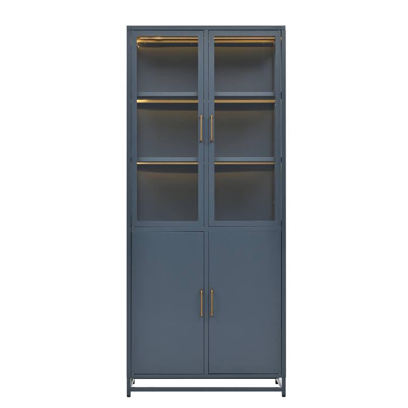 76.75'' Tall Double Glass Doors Display Cabinet LED Lights Steel Curio Cabinet 3-Sided Glass Display Case Lockers