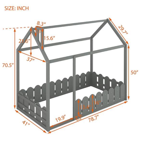 dimension image slide 1 of 2, Kids Twin Size Wood Bed House Frame with Roof and Fence
