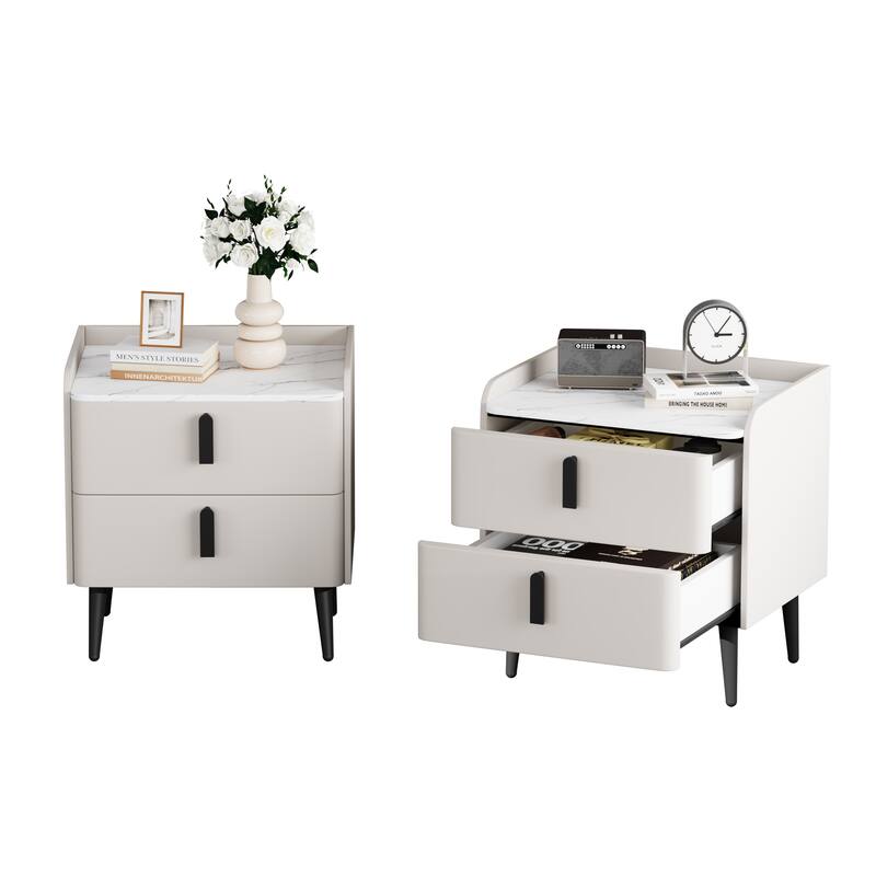 Nightstands Set of 2: 2-Drawer Marble-Pattern Top Modern Bedside/End Table - White