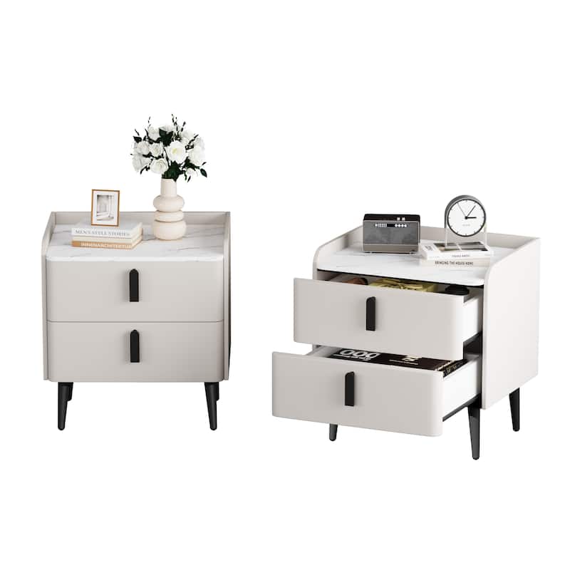 Roomfitters 2-Piece Nightstand Set with 2 Drawers and Marble-Pattern Top, Modern Bedside or End Tables for Bedroom