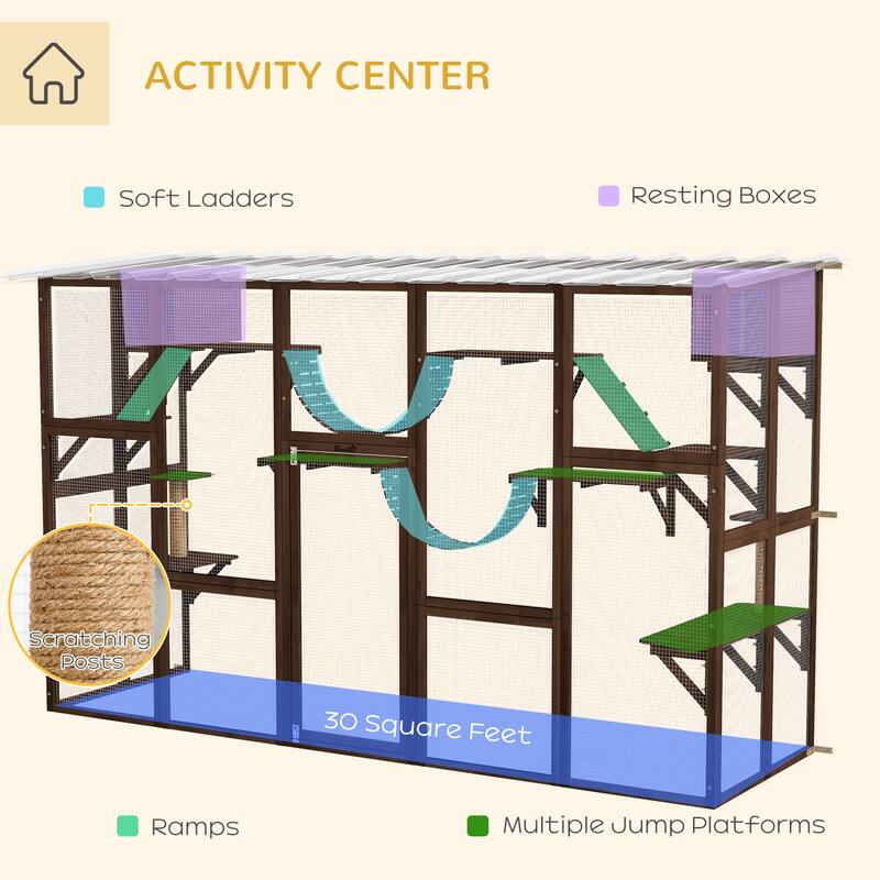 PawHut Catio Playground Outdoor Cat Enclosure Wooden Cat House Shelter