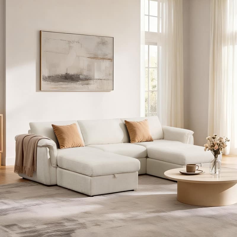 Spruce & Spring Modular Sectional Sofas with Optial Storage Console for Living Room - Cream-5PC