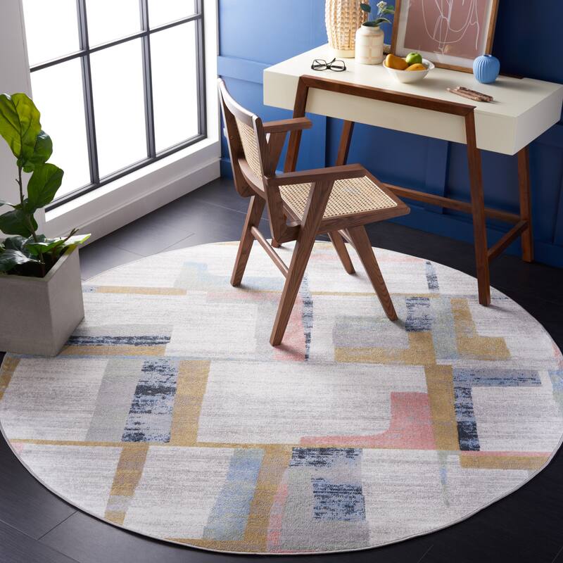 SAFAVIEH Bayside Machine Washable Shereen Mid-Century Modern Abstract Rug - 6'7" Round - Ivory/Blue Rust