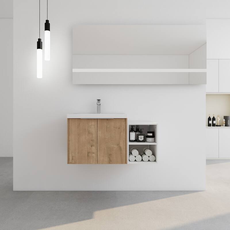 36" Wall-Mounted Bathroom Vanity with Resin Sink, Soft-Close Doors, Small Storage Shelves for Modern Bathrooms - 35.6in L Plywood - 35.6in L Imitative Oak
