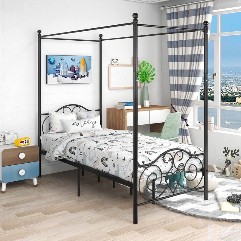 Canopy Metal Bed Frame with Vintage Style Headboard & Footboard ，Easy DIY Assembly All Parts Included