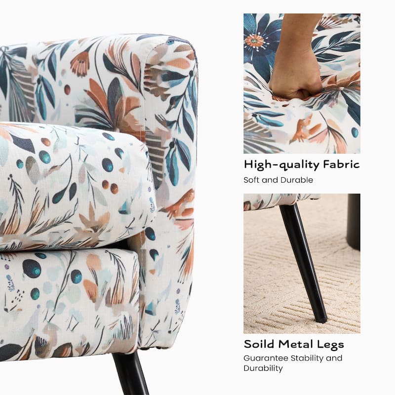 FERPIT Floral Print Accent Chair, Upholstered Reading Arm Chair For Living Room Bedroom With Adjustable Sturdy Metal Legs