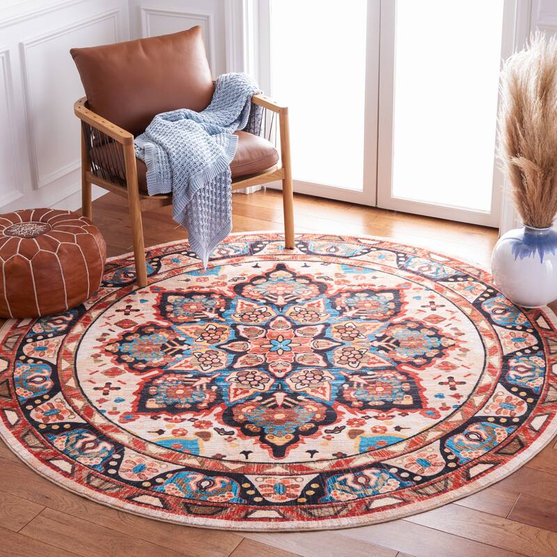 SAFAVIEH Riviera Machine Washable Slip Resistant Wilma Oriental Rug - 6'7" Round - Blue/Beige