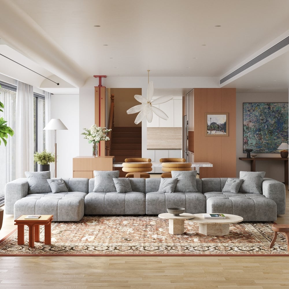 Extra Large U Shaped Linen Modular Sectional Couch with Ottoman for Living Room