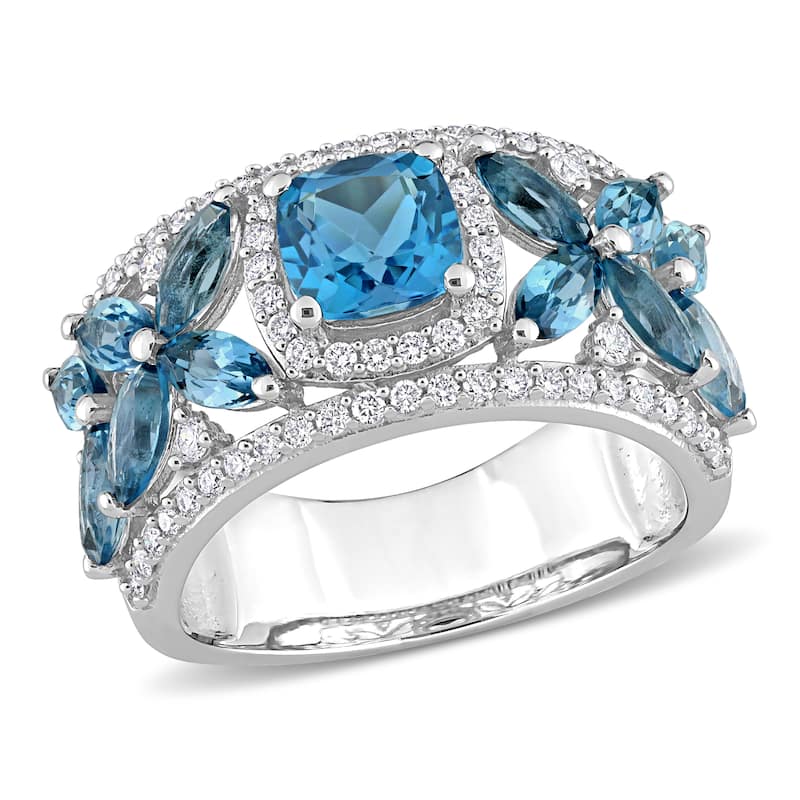 Miadora 14k White Gold London-Blue Topaz and 1/2ct TDW Diamond Floral Anniversary Band Ring