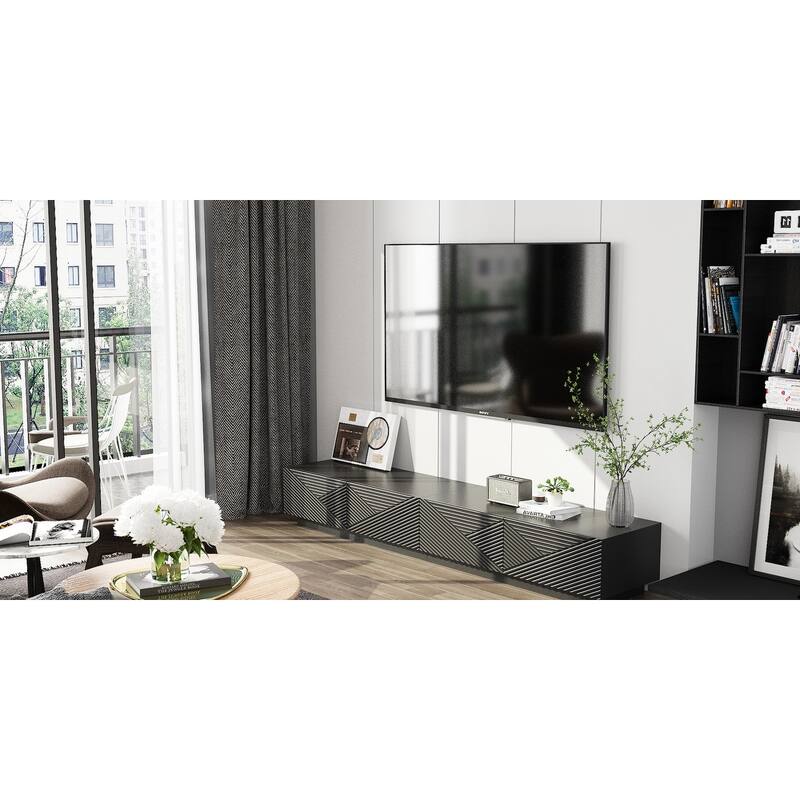 Modern Black TV Stand for 85 Inch TV, Floating Entertainment Center with Drop Down Doors Media Console