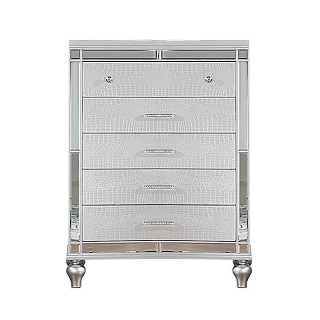 Bailey Tall Dresser Chest, Mirror Trim and 5 Drawers, Silver Wood