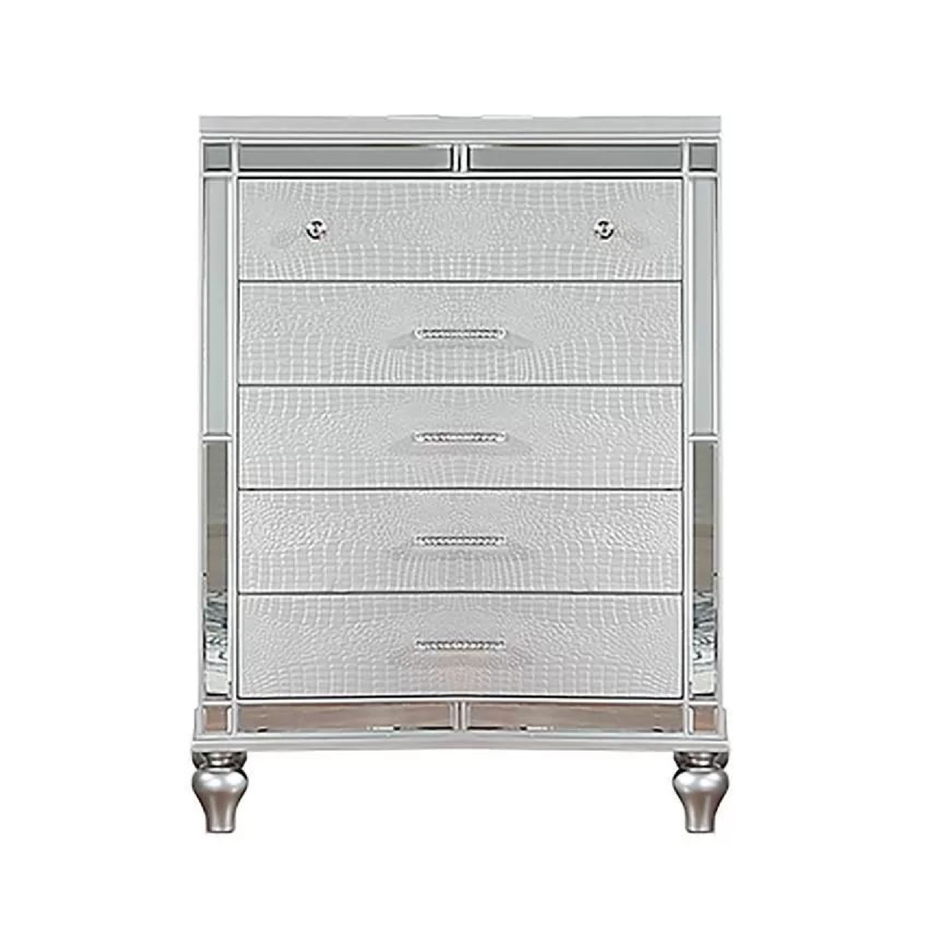 Bailey Tall Dresser Chest, Mirror Trim and 5 Drawers, Silver Wood