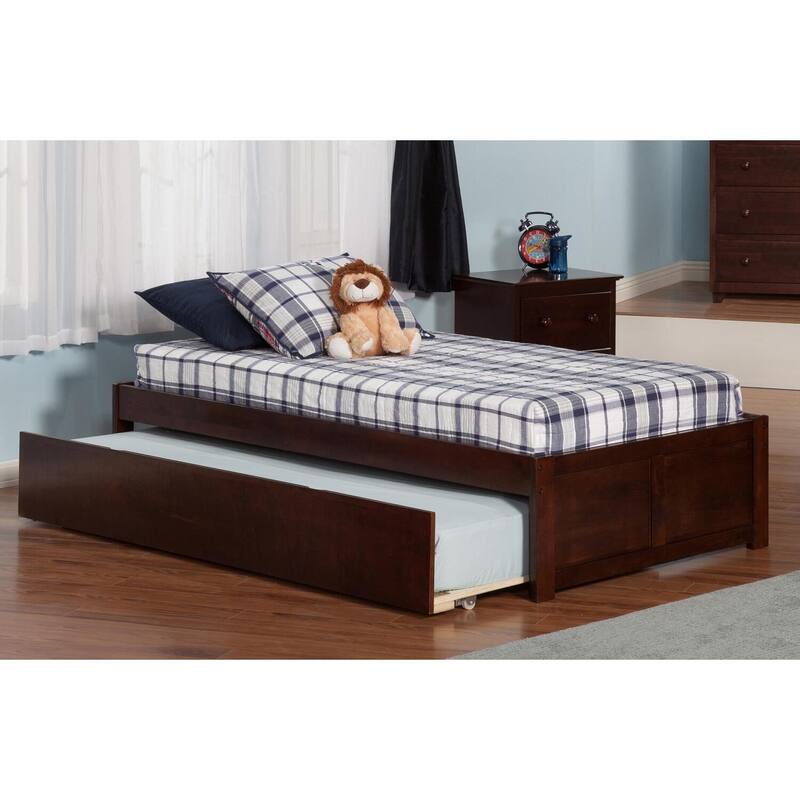 Twin Platform Bed with Trundle - Modern Style, Walnut Finish, Space Saving Design
