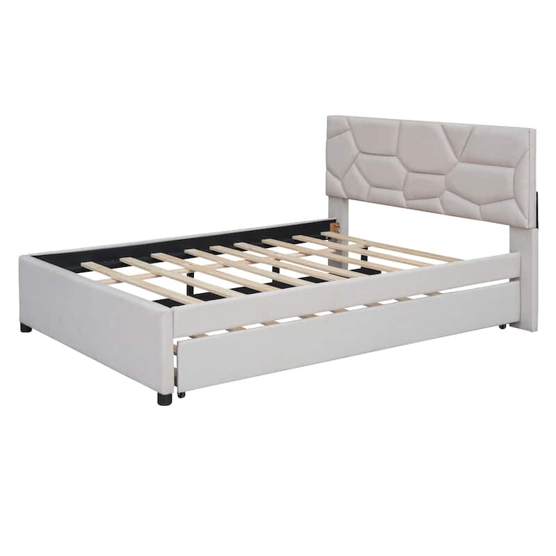 Beige Full Upholstered Platform Bed with Brick Pattern Headboard and Trundle