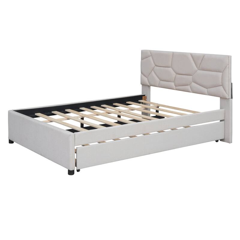 Full Size Upholstered Platform Bed with Brick Pattern Headboard and Twin Trundle, Linen Fabric, Beige