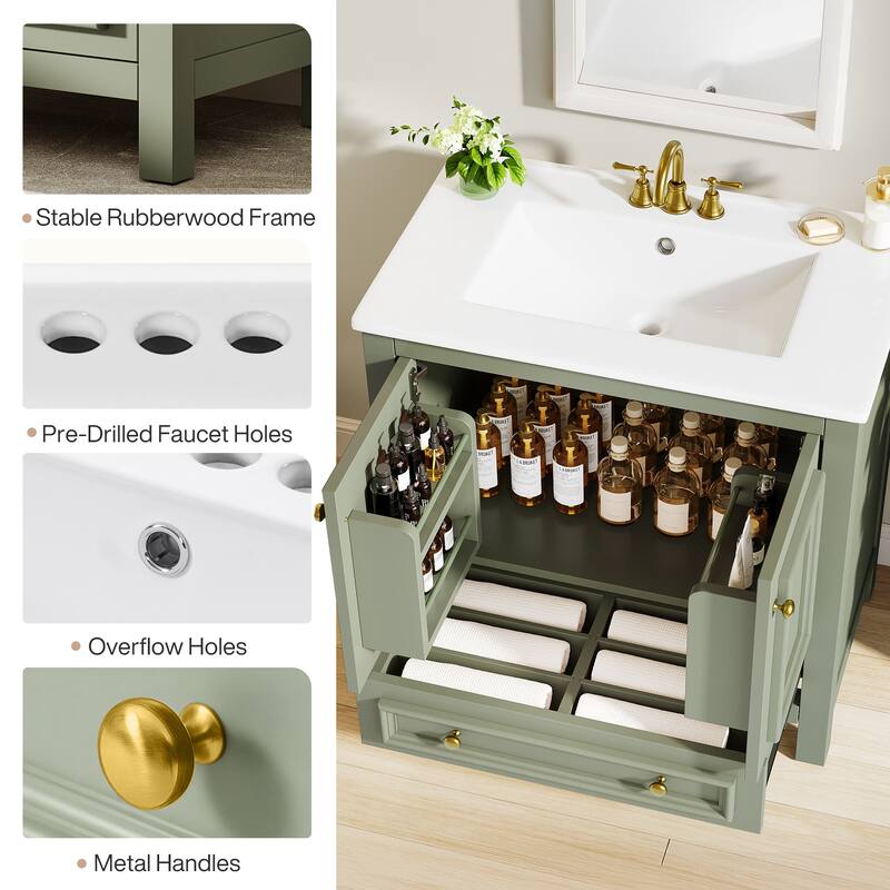 Bathroom Vanity with Sink, Solid Wood Frame Freestanding Vanity with Door Organizer and Drawer