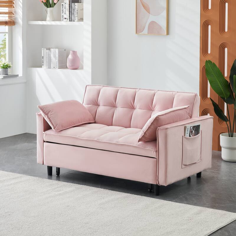 Modern Velvet Loveseat Sofa, 55" 2-Seater Futon Sofa Couch with Pullout Bed, 3-in-1 Convertible Sleeper Couches, Pink