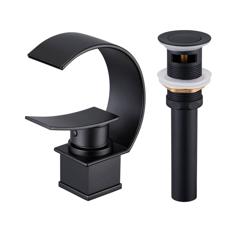 Mondawe Luxury C-Shape Arc Waterfall Spout Single Handle 8 inch Widespread Bathroom Sink Faucet With Pop-up Drain in Matte Black - Matte Black