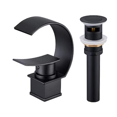 Mondawe Luxury C-Shape Arc Waterfall Spout Single Handle 8 inch Widespread Bathroom Sink Faucet With Pop-up Drain in Matte Black