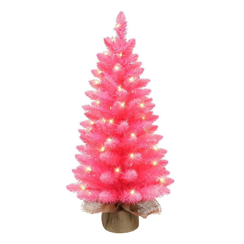 3' Potted Pink Pine Slim Artificial Christmas Tree, Clear Lights - 3 Foot