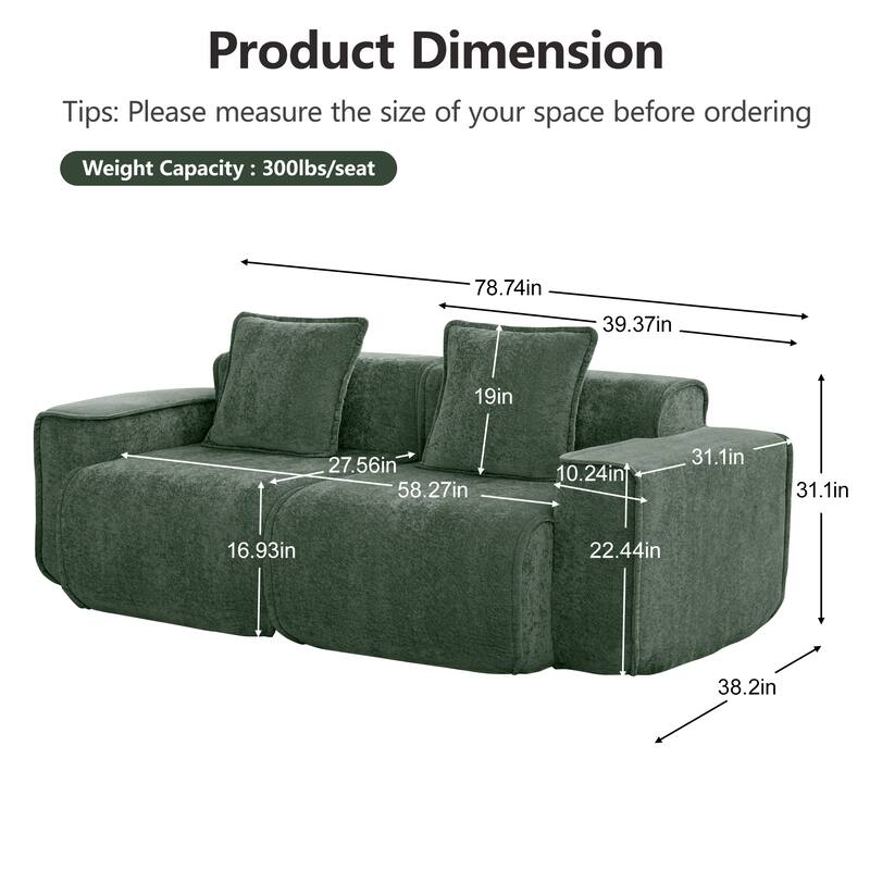GDFStudio - Harrison Velvet Modular 2-Seater 78.74" Boneless Loveseat Sofa
