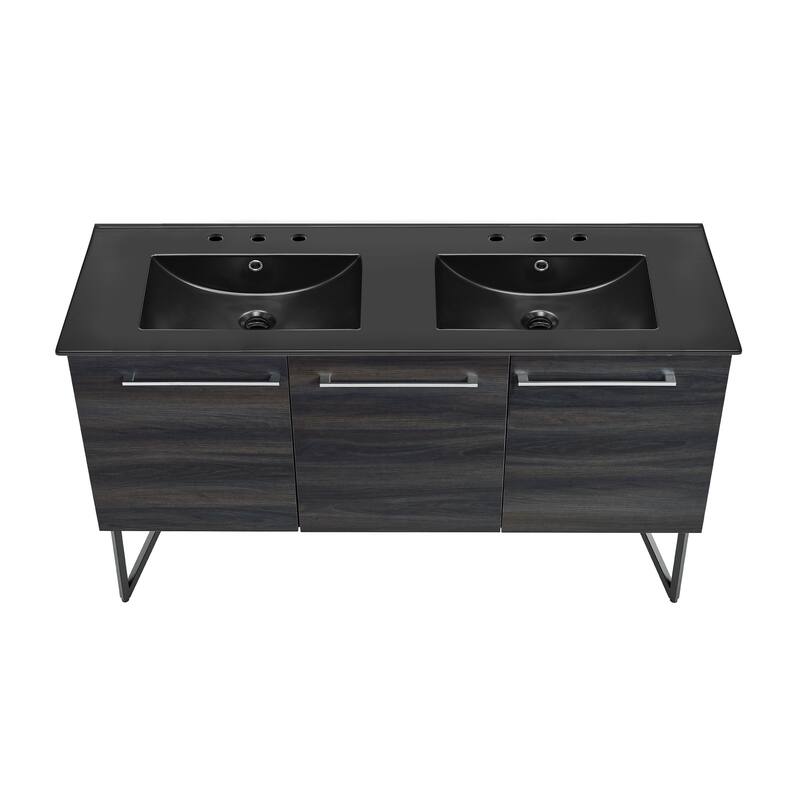 Annecy 60 In. Black Walnut, Double Basin Bathroom Vanity With Black, 3-Hole ArtificialStone Sink Top