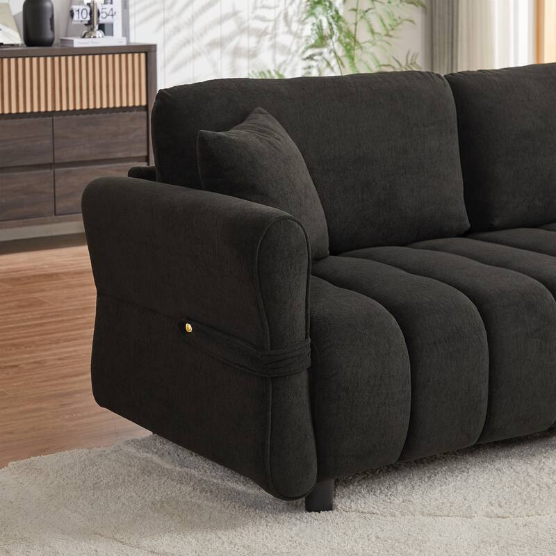 80'' Chenille Fabric Sofa with Lumbar Pillow, 3-seater Upholstered Sofa Chaise with 2 Cushions for Livingroom