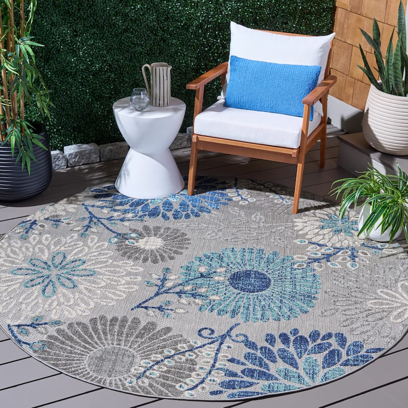 SAFAVIEH Cabana Hillechien Indoor/ Outdoor Waterproof Patio Floral Rug - 6'7" Round - Grey/Blue