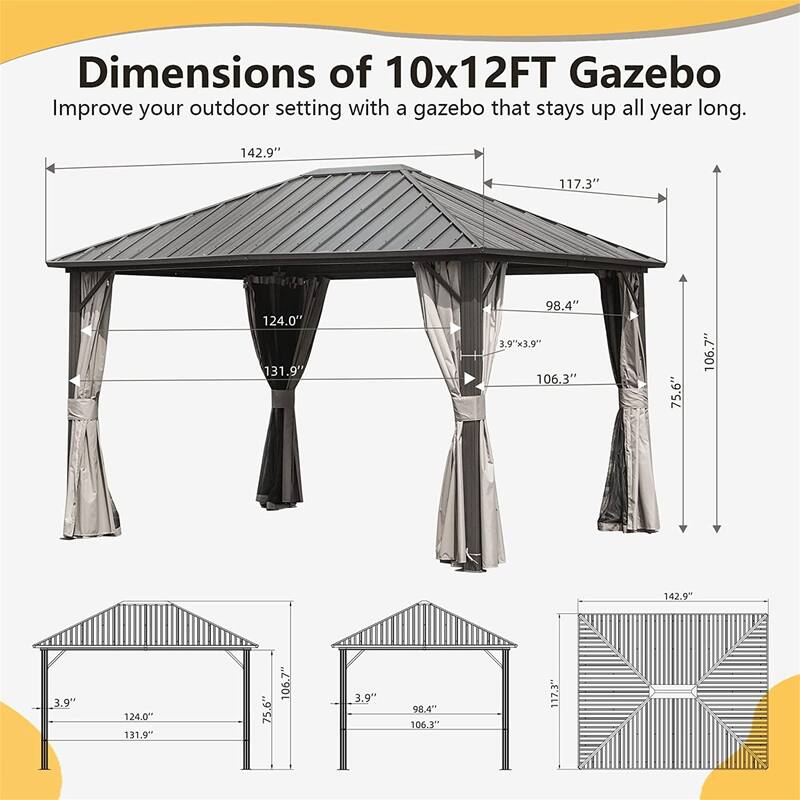 10' x 12' Outdoor Dark Brown Galvanized Steel Roof Gazebo with Aluminum Frame with Netting and Curtains