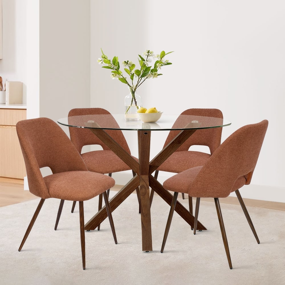 5 Piece Glass Walnut Dining Table Set