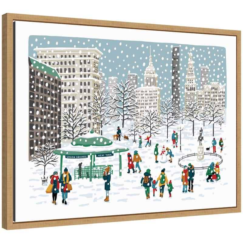 Kate and Laurel Sylvie Framed Canvas Union Square in Snow by Bex Morley Design - Brown