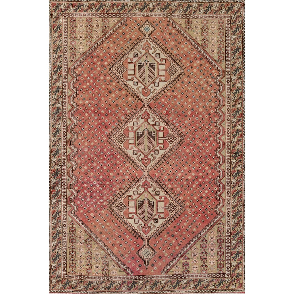 Pink Bakhtiari Vintage Persian Area Rug Hand-Knotted Wool Carpet - 7'2" x 9'11"