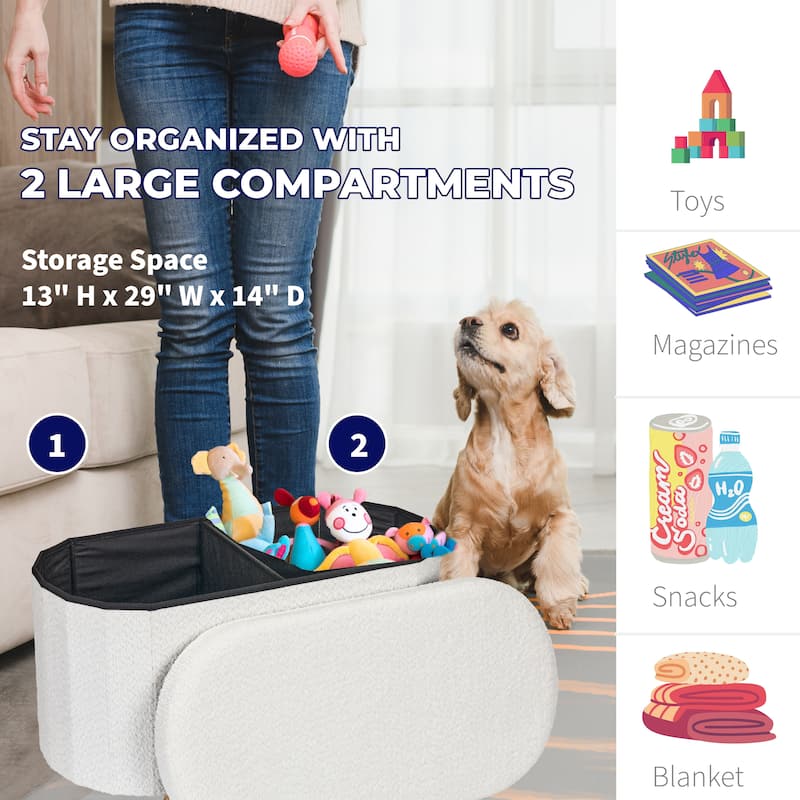 Ivory Boucle Storage Ottoman Bench with Hidden Storage and Seat Top