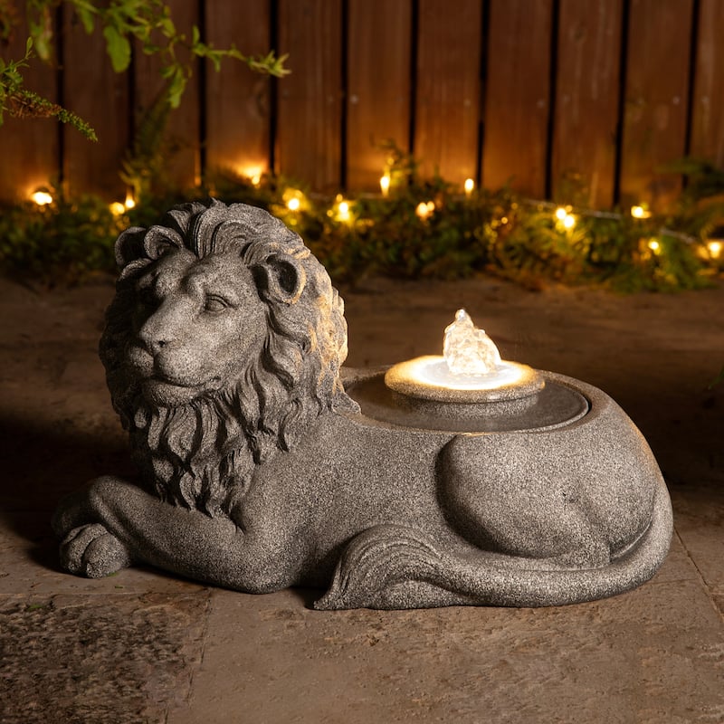Glitzhome 20"L Zen-Style Lying Lion Polyresin Outdoor Fountain with Pump and LED Light