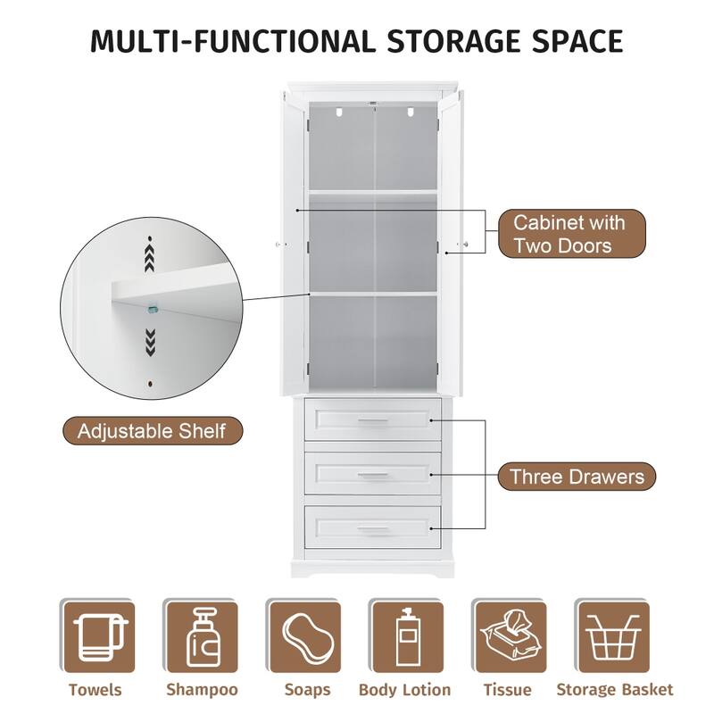 70'' Tall Storage Cabinet with 3 Drawers for Bathroom/Office - 24''×15.7''×70''
