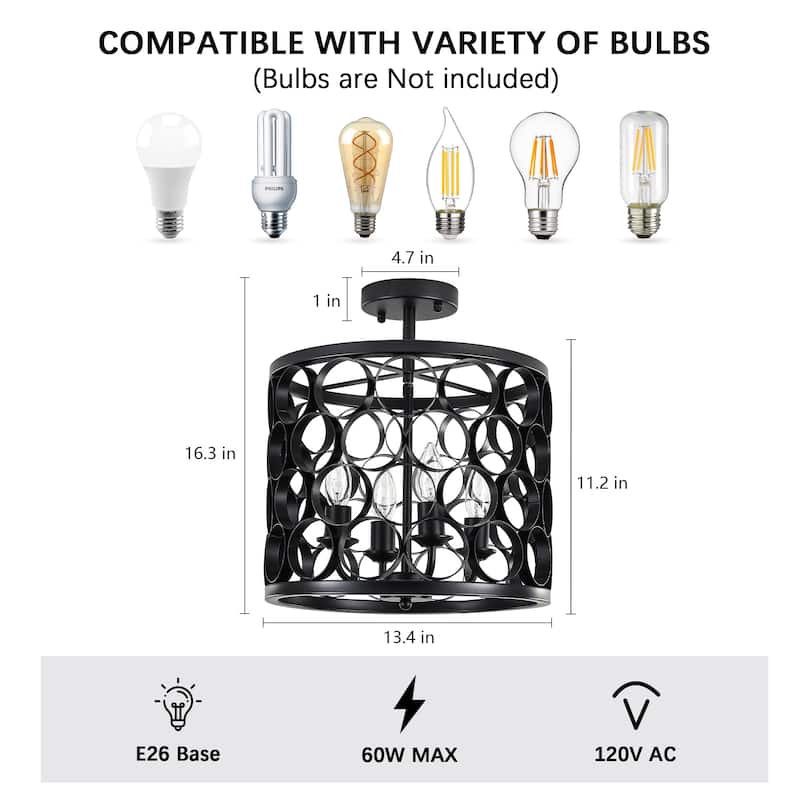 4 - Light Black Metal Ring - Shaped Semi - Flush Mount Ceiling Light - Matte Black