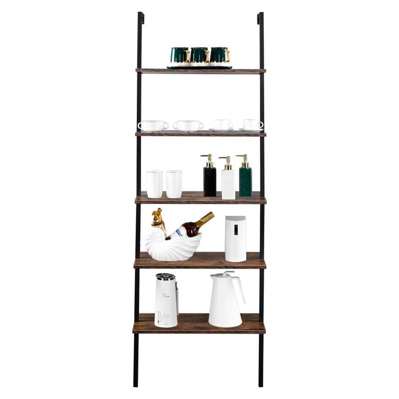 5-Tier Industrial Wood Ladder Bookcase with Metal Frame