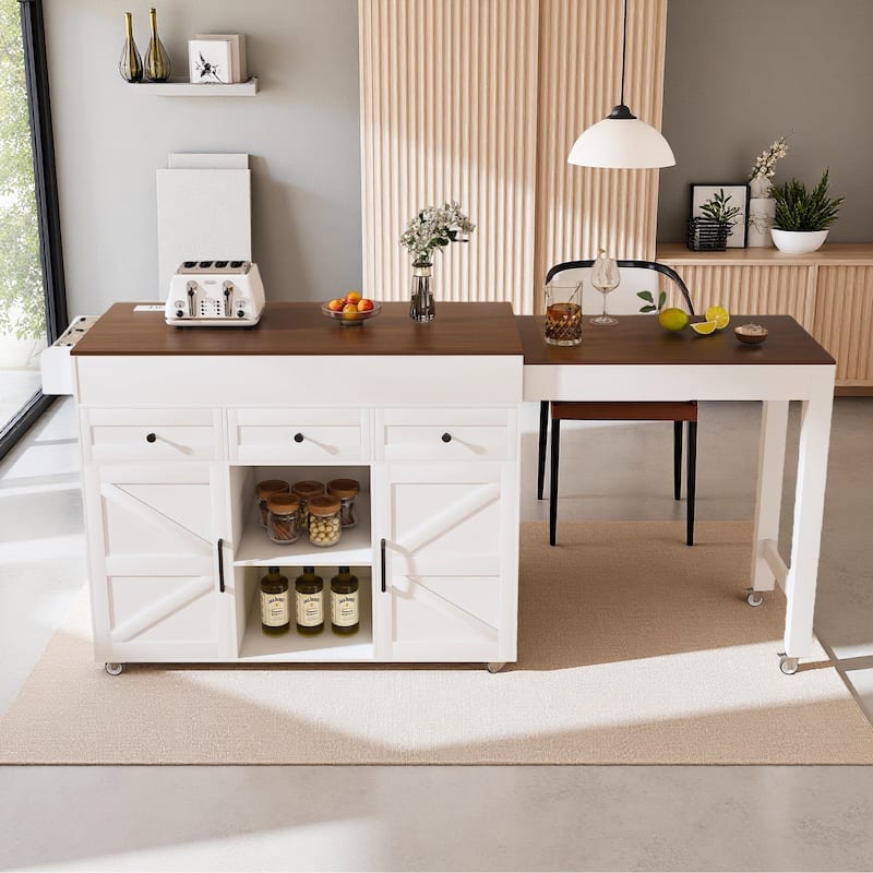 Kitchen Island with Extendable Dining Table, Kitchen Storage Cart on Wheels with 2 Drawers, Rolling Extendable Island Cart